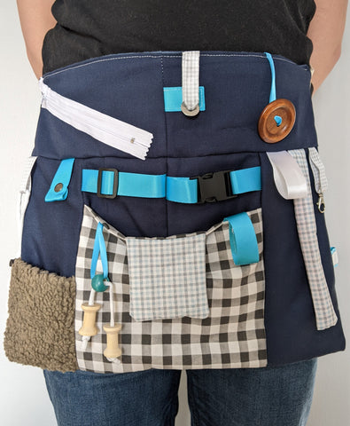 Fidget and Sensory APRON Handmade in the U.S.A. for People with Memory Loss, Dementia and Alzheimer's. Gender Neutral Dementia Toy. Color: Denim Blue & Grey size: 17