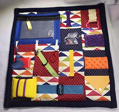 Fidget Quilt Handmade in the U.S.A. for People with Memory Loss, Dementia or Alzheimer's. Multi-Colored Fabrics & Fidgets with Large BLUE Zippered Pouch. Size 21” x 21”. FREE SHIPPING