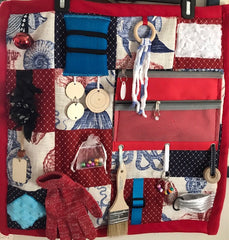 Alzheimer's & Dementia Activity &  Fidget Quilt.  Handmade in the U.S.A. /  Seashell Fabric with various Fidget Elements. Size 21” x 21”. FREE SHIPPING