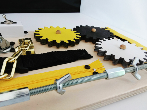 Wooden Activity and Therapy Fidget Board with Gears for Dementia, Alzheimer's and Autism. Size: 15" x 7.75" Yellow & Black. Handmade in the U.S.A. FREE SHIPPING