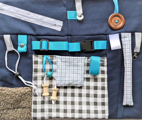Fidget and Sensory APRON Handmade in the U.S.A. for People with Memory Loss, Dementia and Alzheimer's. Gender Neutral Dementia Toy. Color: Denim Blue & Grey size: 17" x 14.5" with 28" ties.