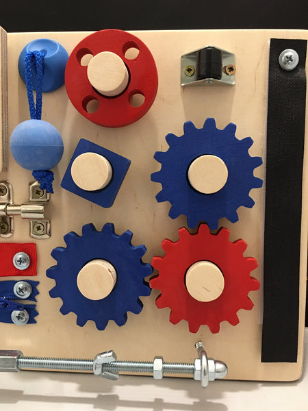 Wooden Activity and Therapy Fidget Board with Gears for Dementia, Alzheimer's and Autism. Size: 15.5" x 8" Blue & Red. FREE SHIPPING