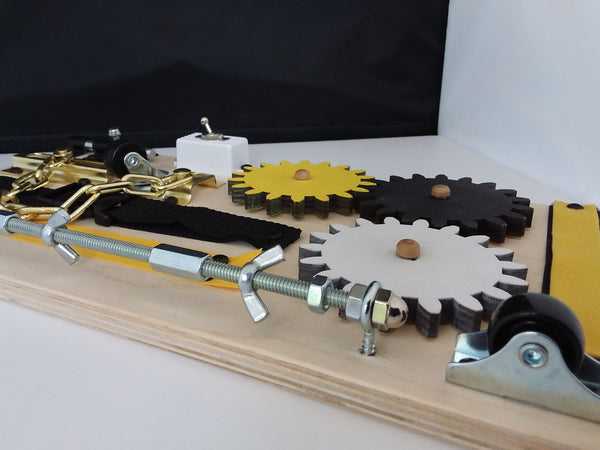 Wooden Activity and Therapy Fidget Board with Gears for Dementia, Alzheimer's and Autism. Size: 15" x 7.75" Yellow & Black. Handmade in the U.S.A. FREE SHIPPING